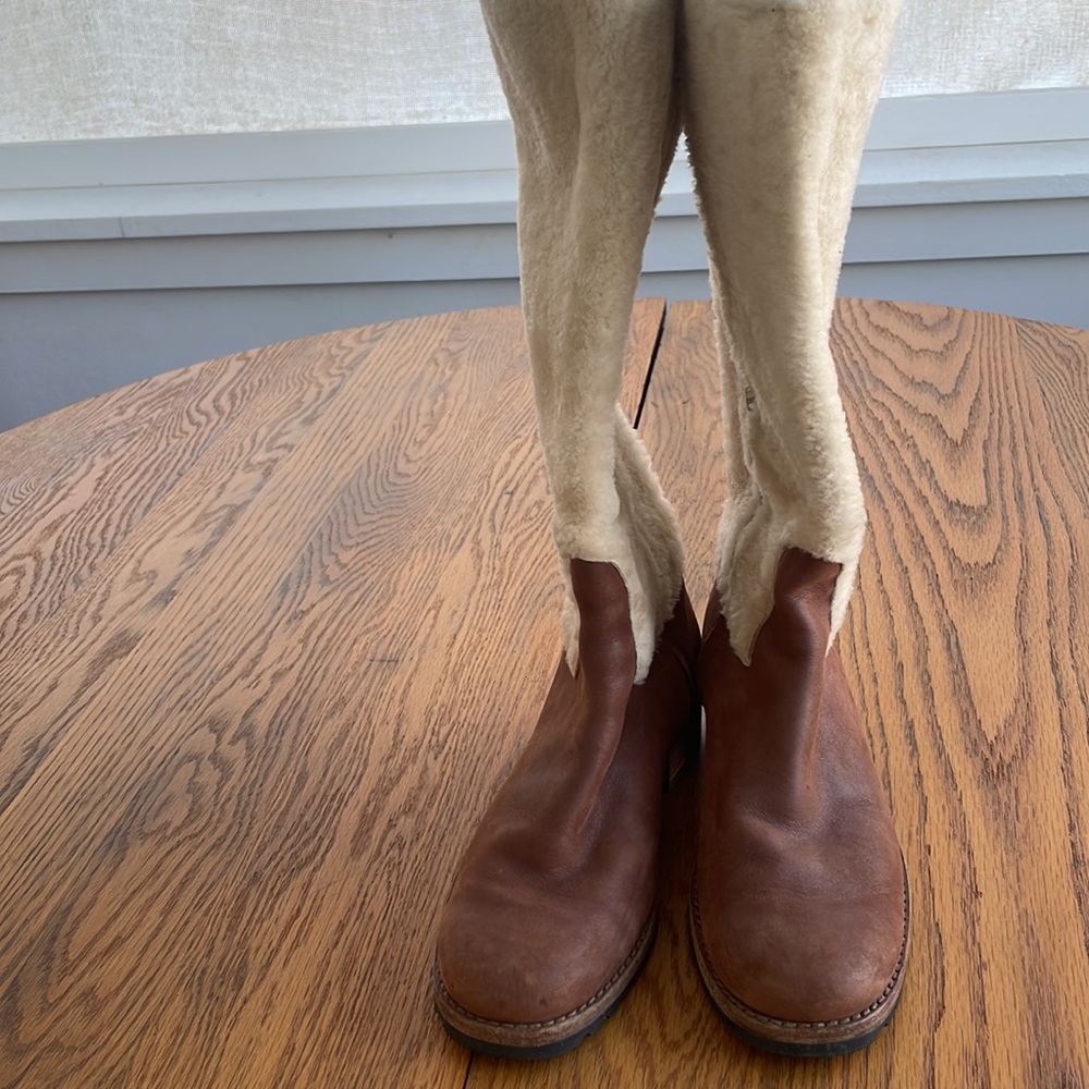 UGG Chrystie Brown Leather Cream Sheepskin Tall Boots - Picture 3 of 8